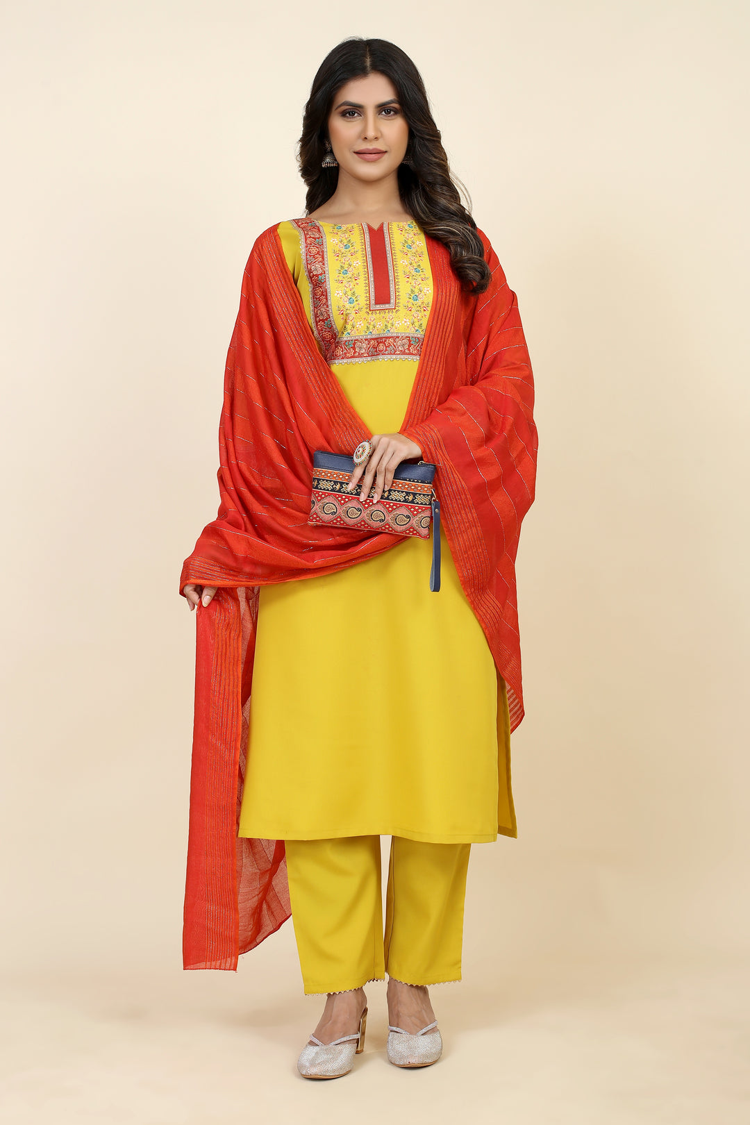 Designer Digital Printed Readymade Suit | Yellow & Orange Crepe Fabric