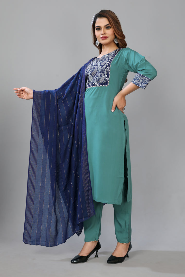 Designer Digital Printed Crepe Suit | Attractive Readymade Teal Blue Set