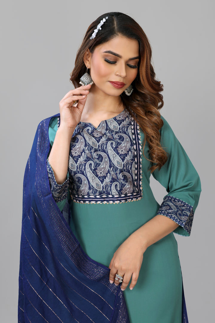 Designer Digital Printed Crepe Suit | Attractive Readymade Teal Blue Set