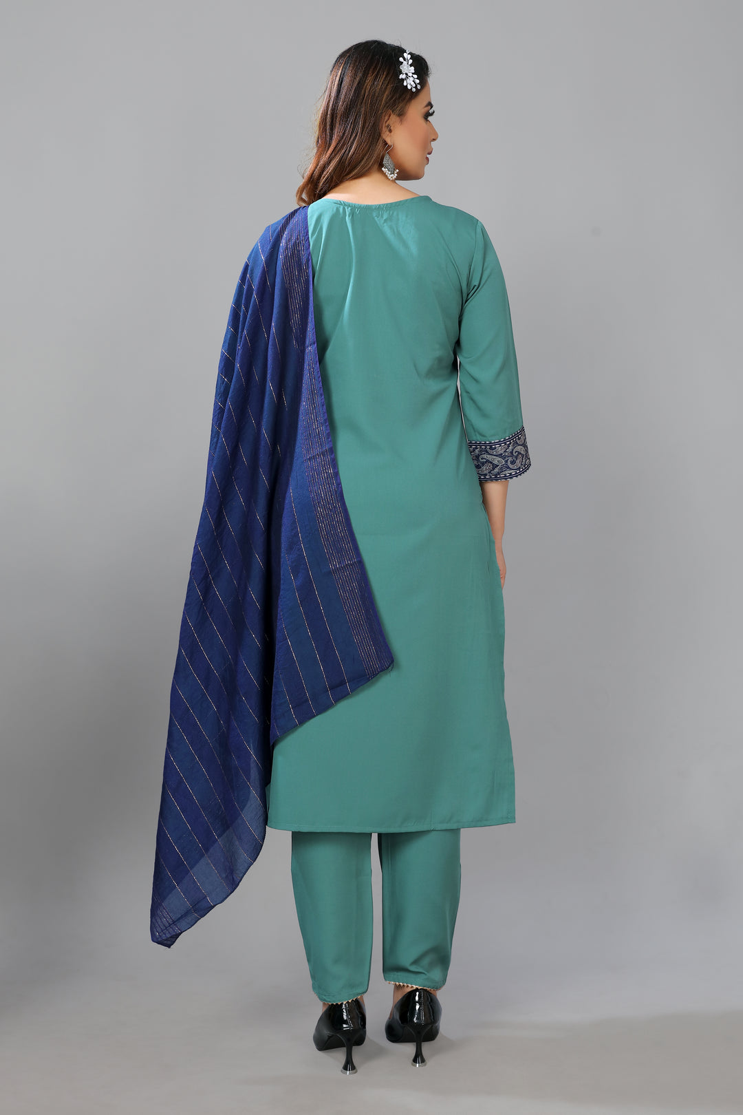 Designer Digital Printed Crepe Suit | Attractive Readymade Teal Blue Set