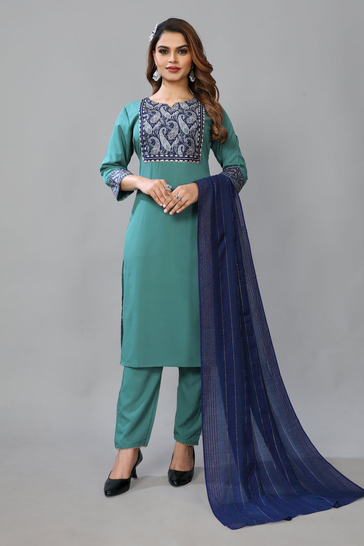 Designer Digital Printed Crepe Suit | Attractive Readymade Teal Blue Set