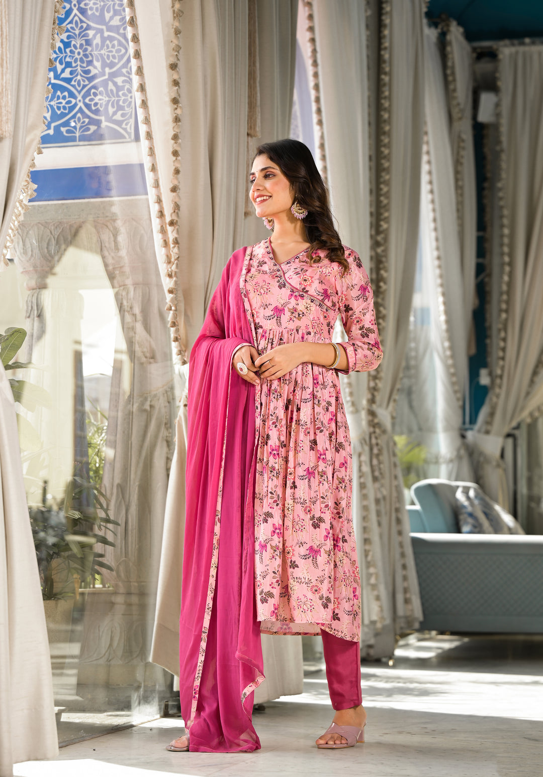 Attractive Designer Suit in Rubi Silk | Digital Printed with Hand Work