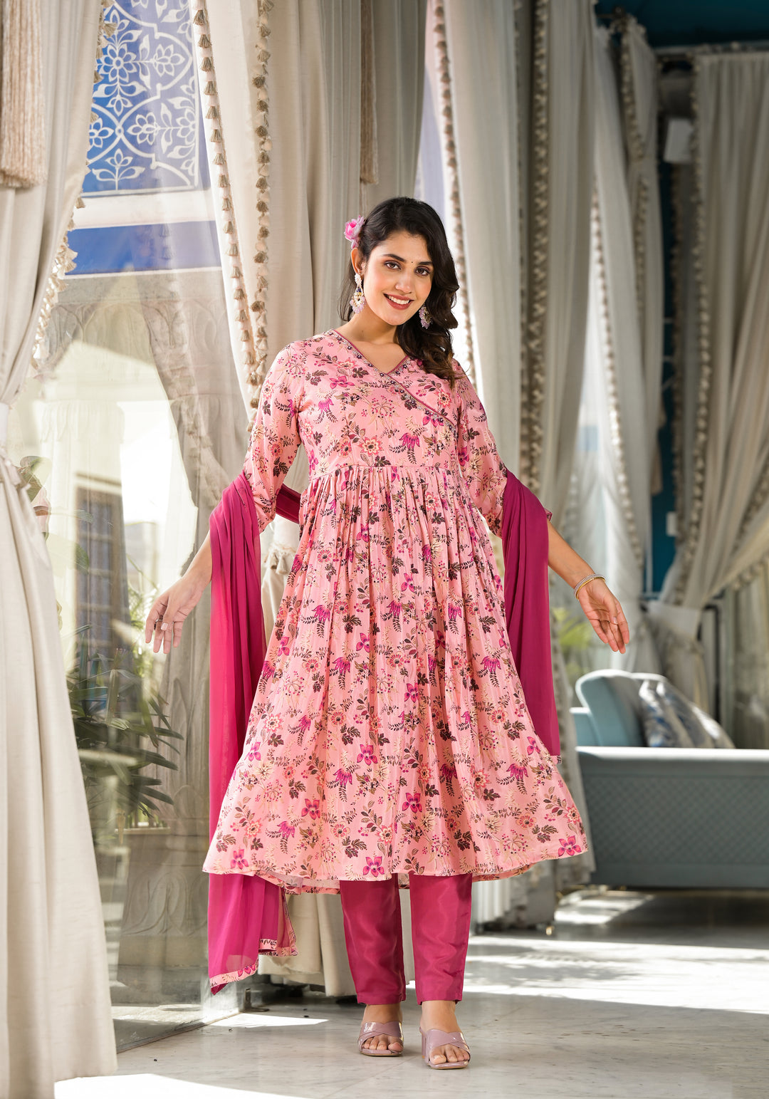 Attractive Designer Suit in Rubi Silk | Digital Printed with Hand Work