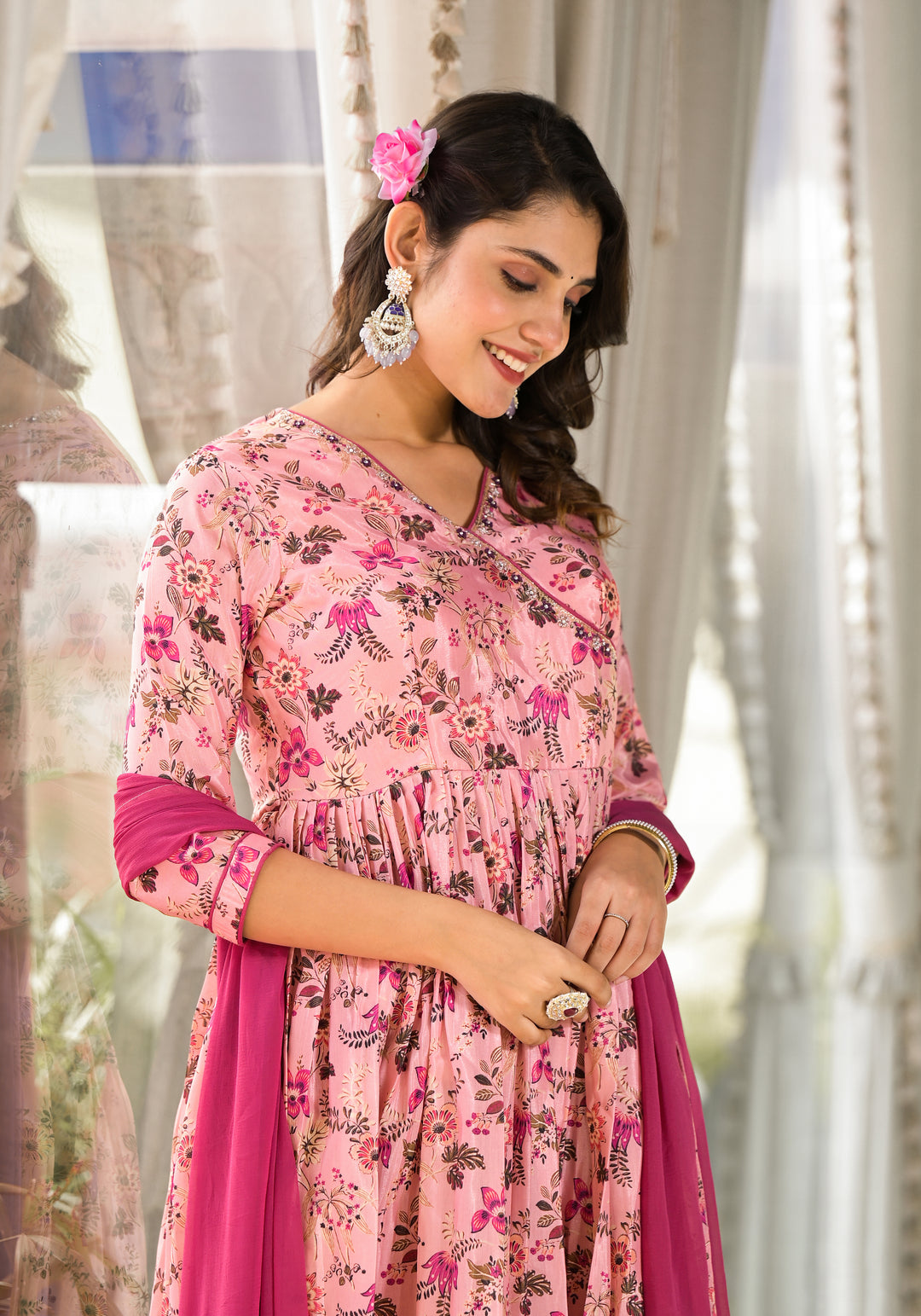 Attractive Designer Suit in Rubi Silk | Digital Printed with Hand Work