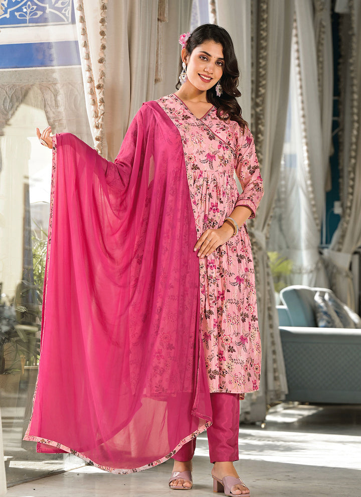 Attractive Designer Suit in Rubi Silk | Digital Printed with Hand Work