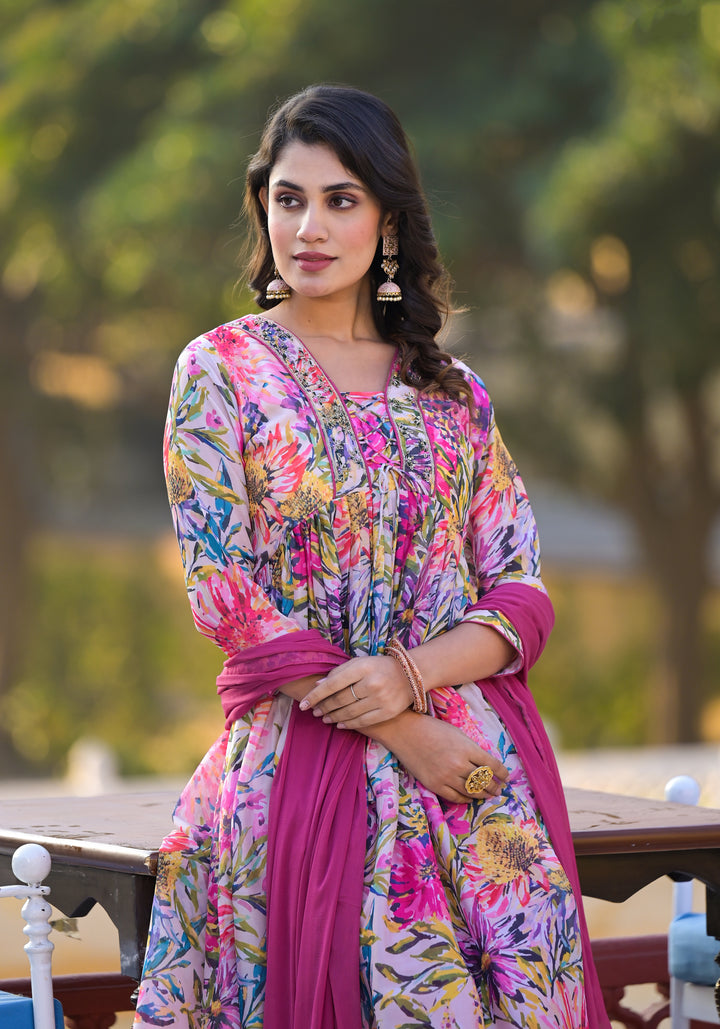 Designer Slim Georgette Suit | Digital Print & Hand Work with Santoon Bottom