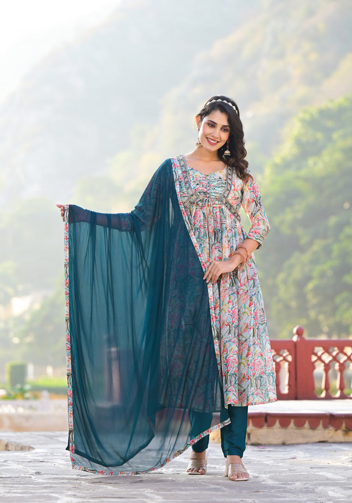 Sofia Nazmeen Designer Suit | Teal Slim Georgette with Santoon Bottom