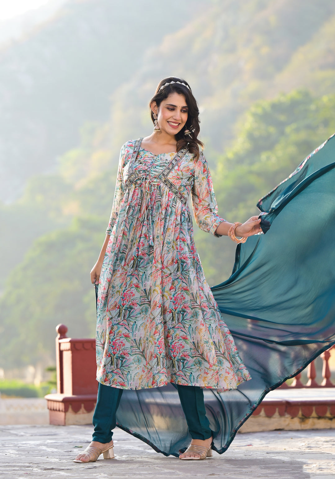 Sofia Nazmeen Designer Suit | Teal Slim Georgette with Santoon Bottom