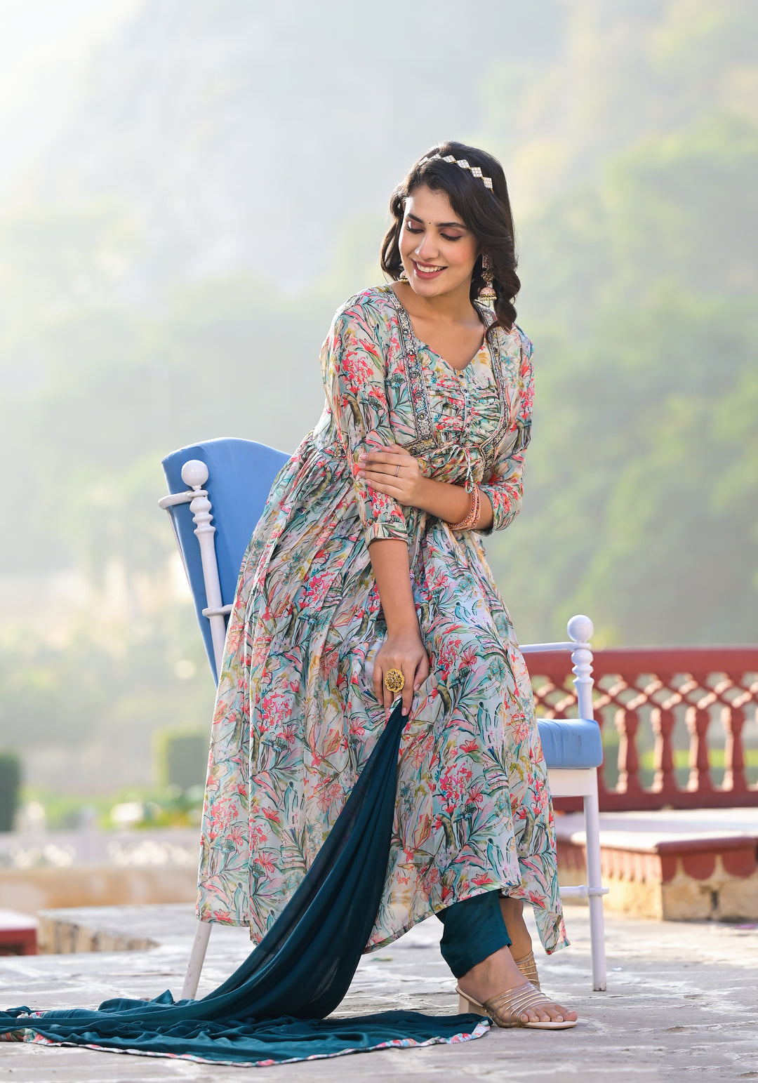 Sofia Nazmeen Designer Suit | Teal Slim Georgette with Santoon Bottom