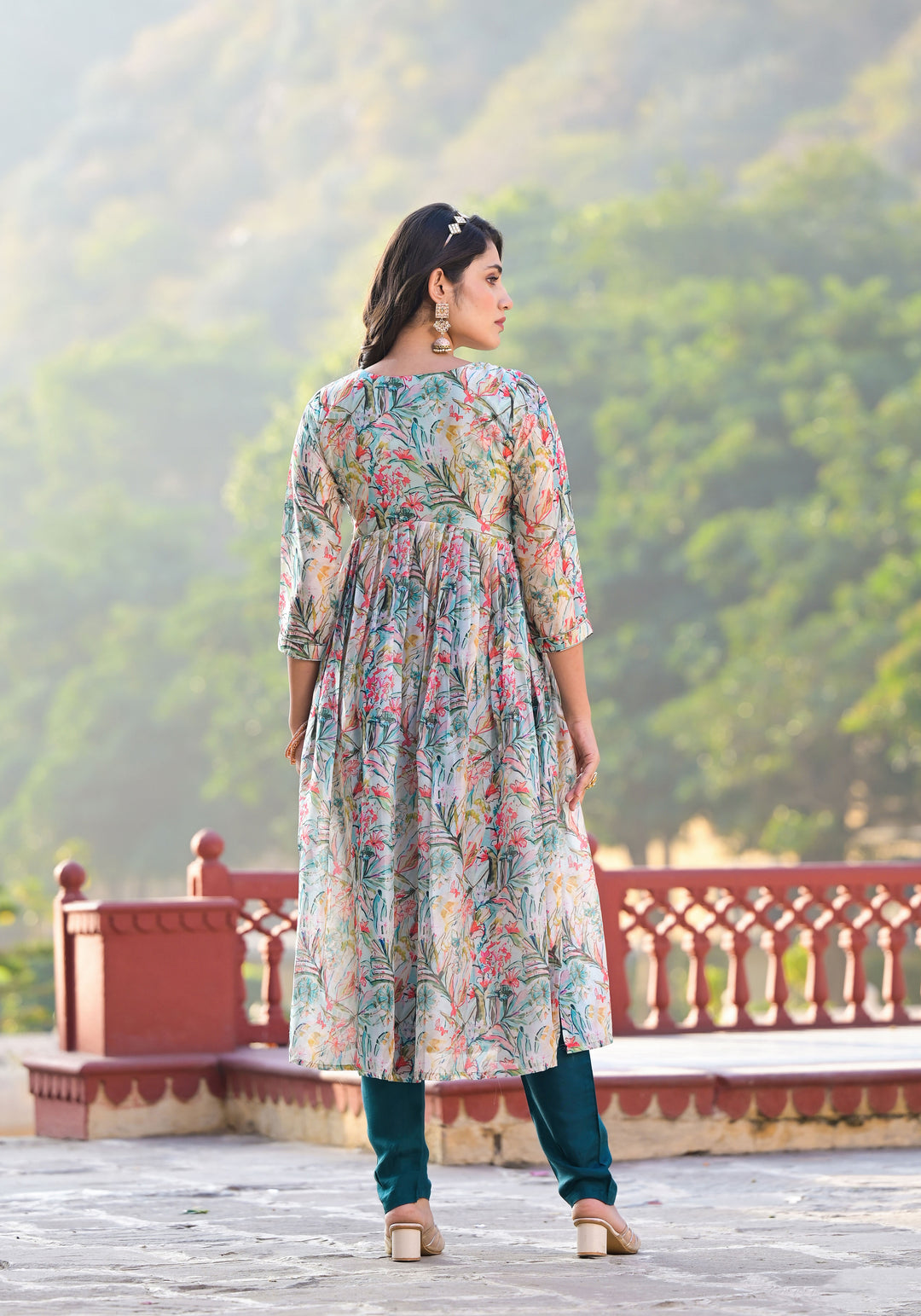 Sofia Nazmeen Designer Suit | Teal Slim Georgette with Santoon Bottom