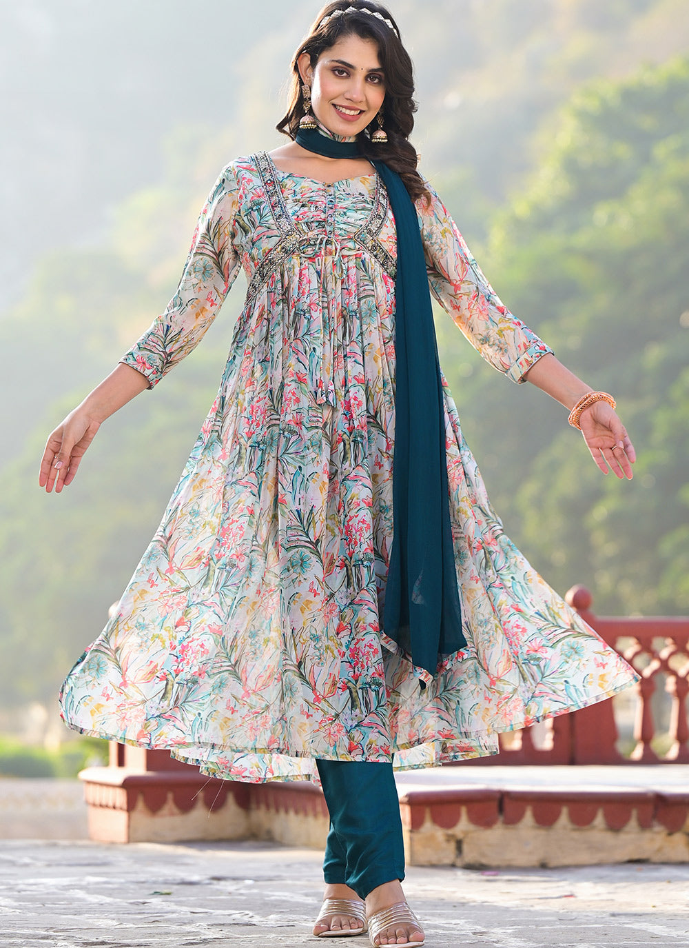 Sofia Nazmeen Designer Suit | Teal Slim Georgette with Santoon Bottom