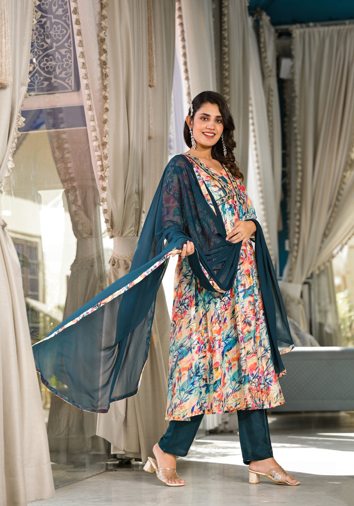 Elegant Designer Suit | Slim Georgette with Digital Print & Handwork