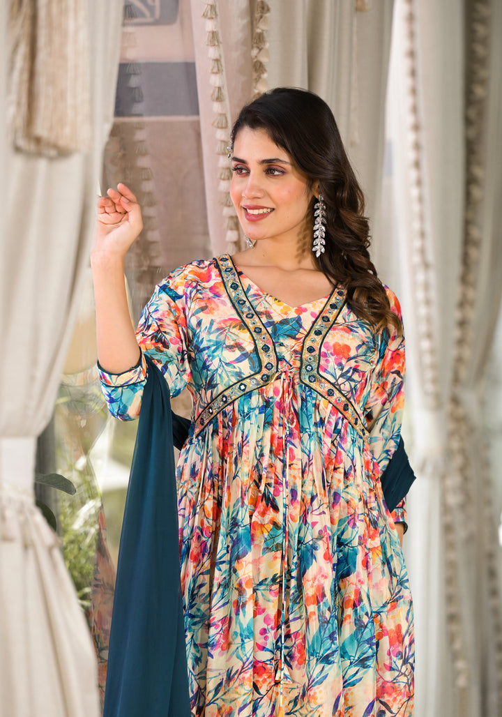 Elegant Designer Suit | Slim Georgette with Digital Print & Handwork