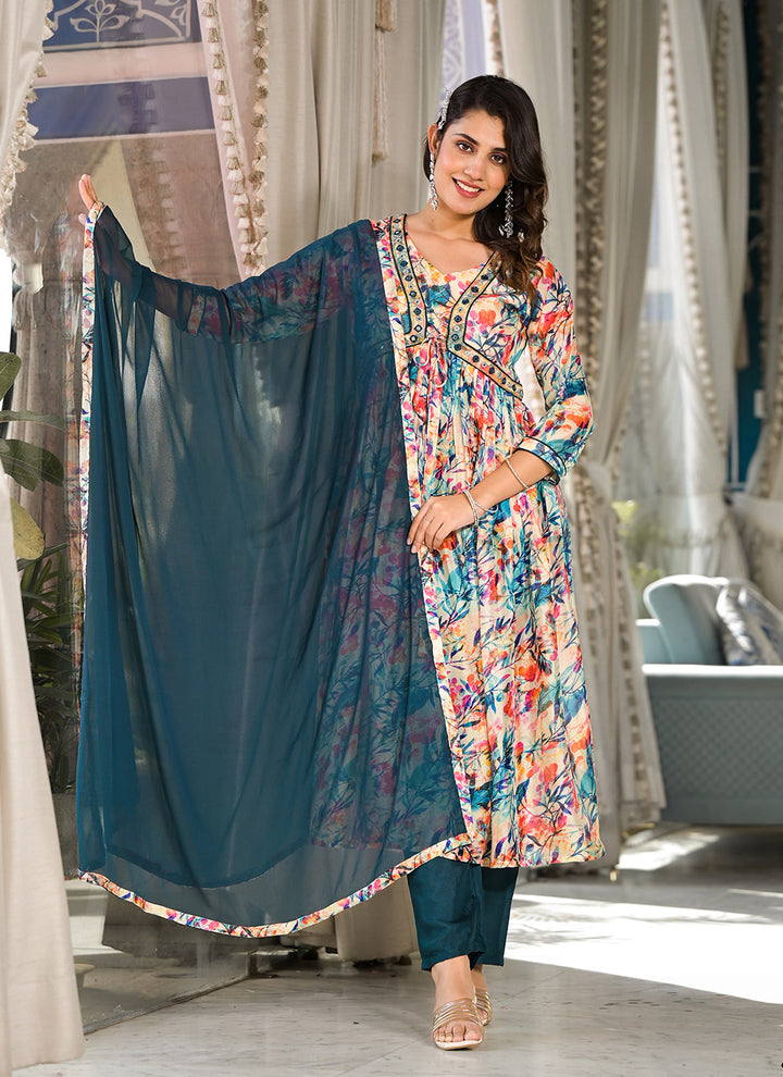 Elegant Designer Suit | Slim Georgette with Digital Print & Handwork