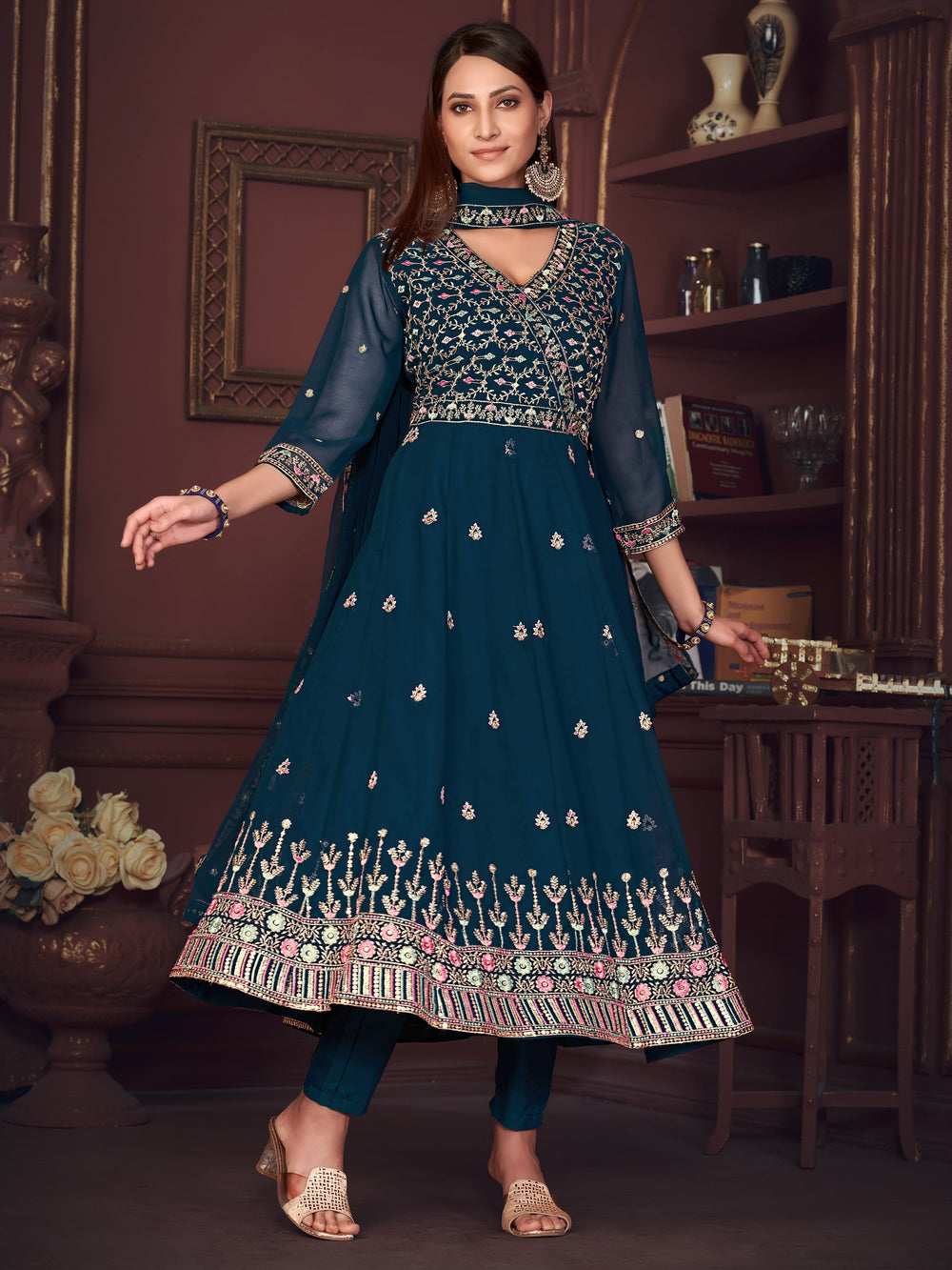 Superb Teal Blue Embroidered Georgette Anarkali Suit With Dupatta