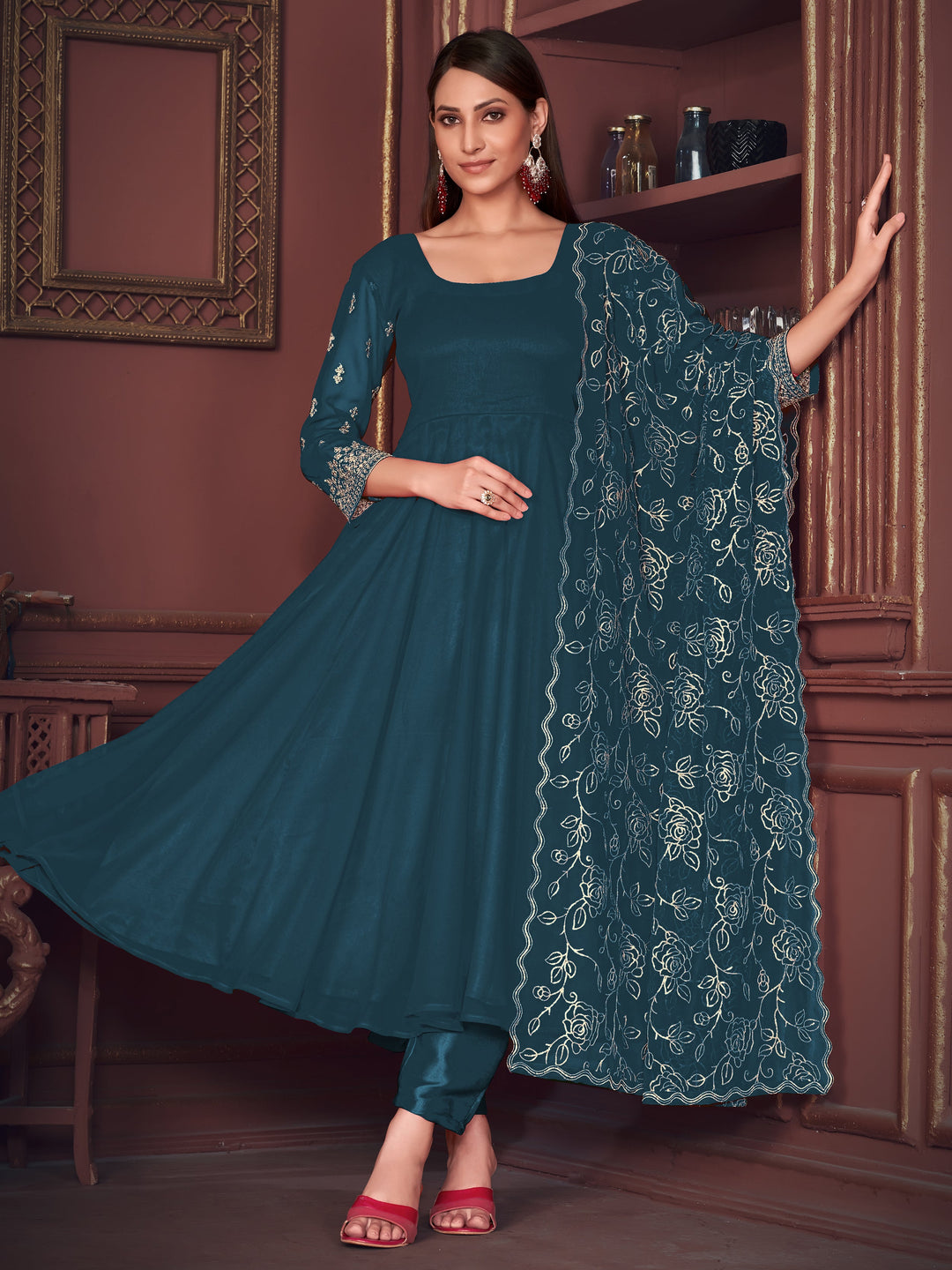 Captivating Blue Embroidered Georgette Anarkali Suit With Dupatta