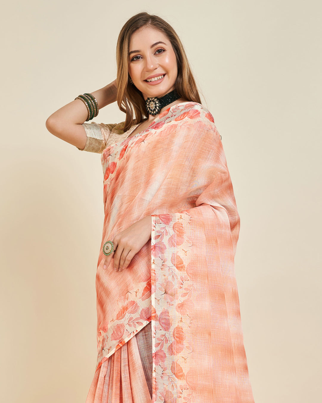 Designer Printed Linen Saree | Wevon Work | Perfect for Weddings & Events