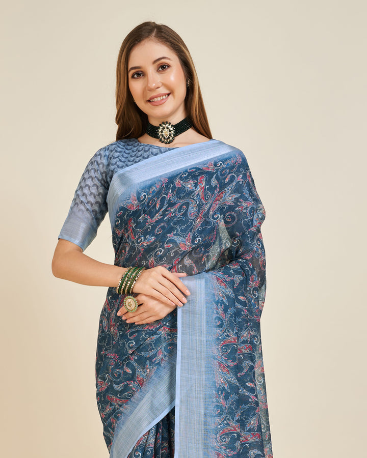 Aqua Blue Designer Linen Saree | Elegant Wevon Printed Wedding Wear