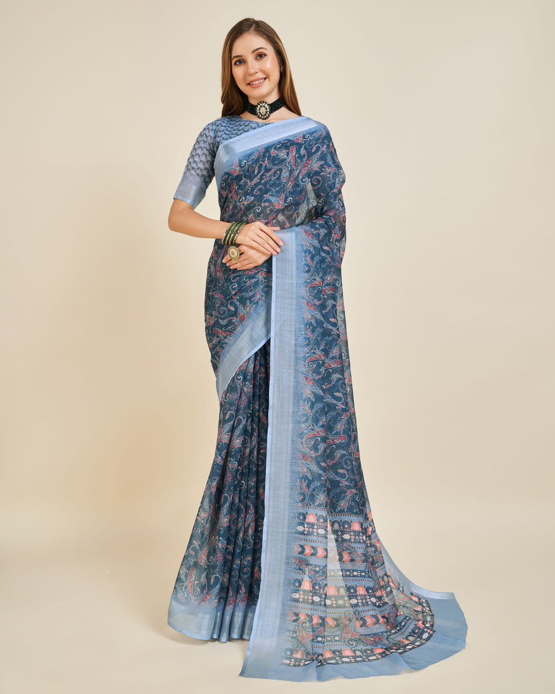 Aqua Blue Designer Linen Saree | Elegant Wevon Printed Wedding Wear