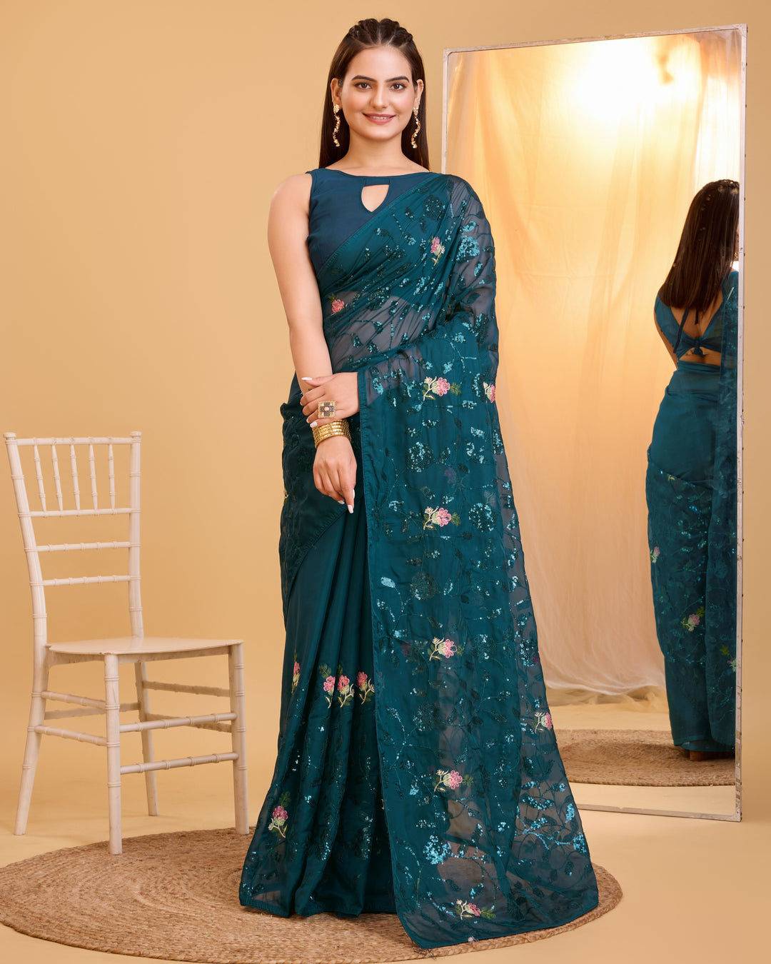 Organza Saree with Art-Silk Blouse | Sequined Embroidery for Special Events