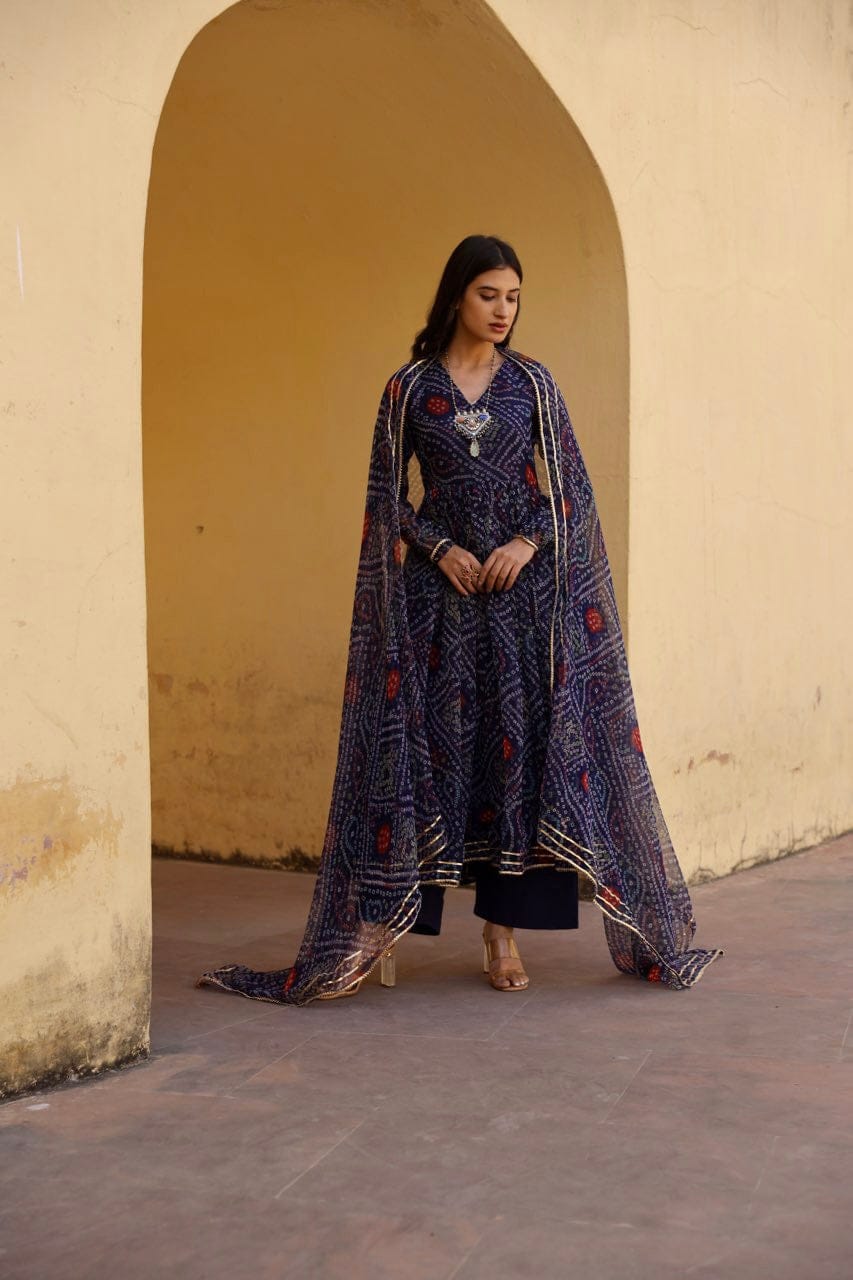 Navy Blue Bandhani Anarkali Kurti | Georgette Printed with Dupatta