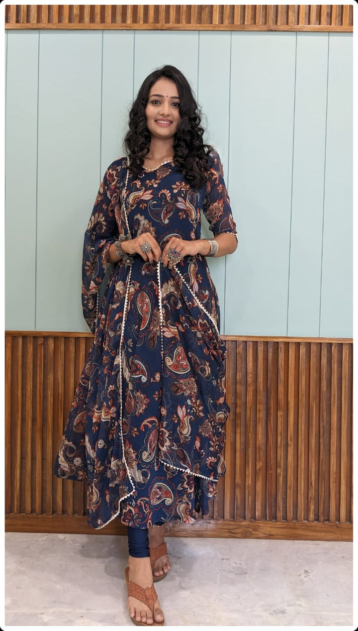 Navy Blue Printed Long Anarkali Long Kurti | Georgette Dupatta