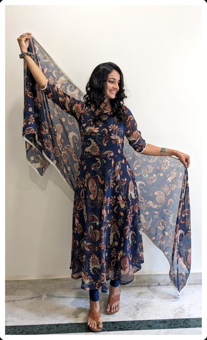 Navy Blue Printed Long Anarkali Long Kurti | Georgette Dupatta