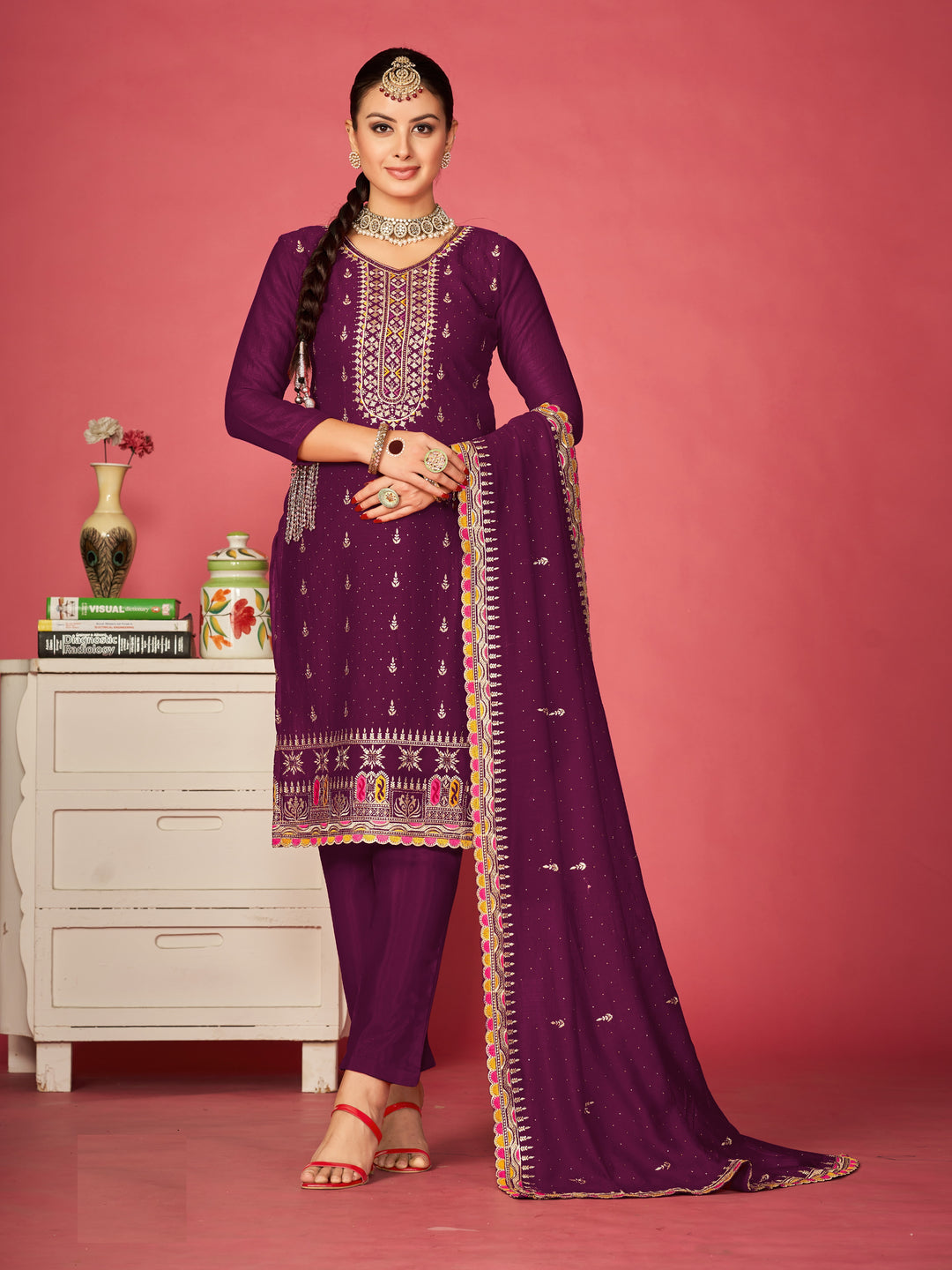 Designer Chanderi Silk Kurti Set | Embroidery & Nazmin Dupatta