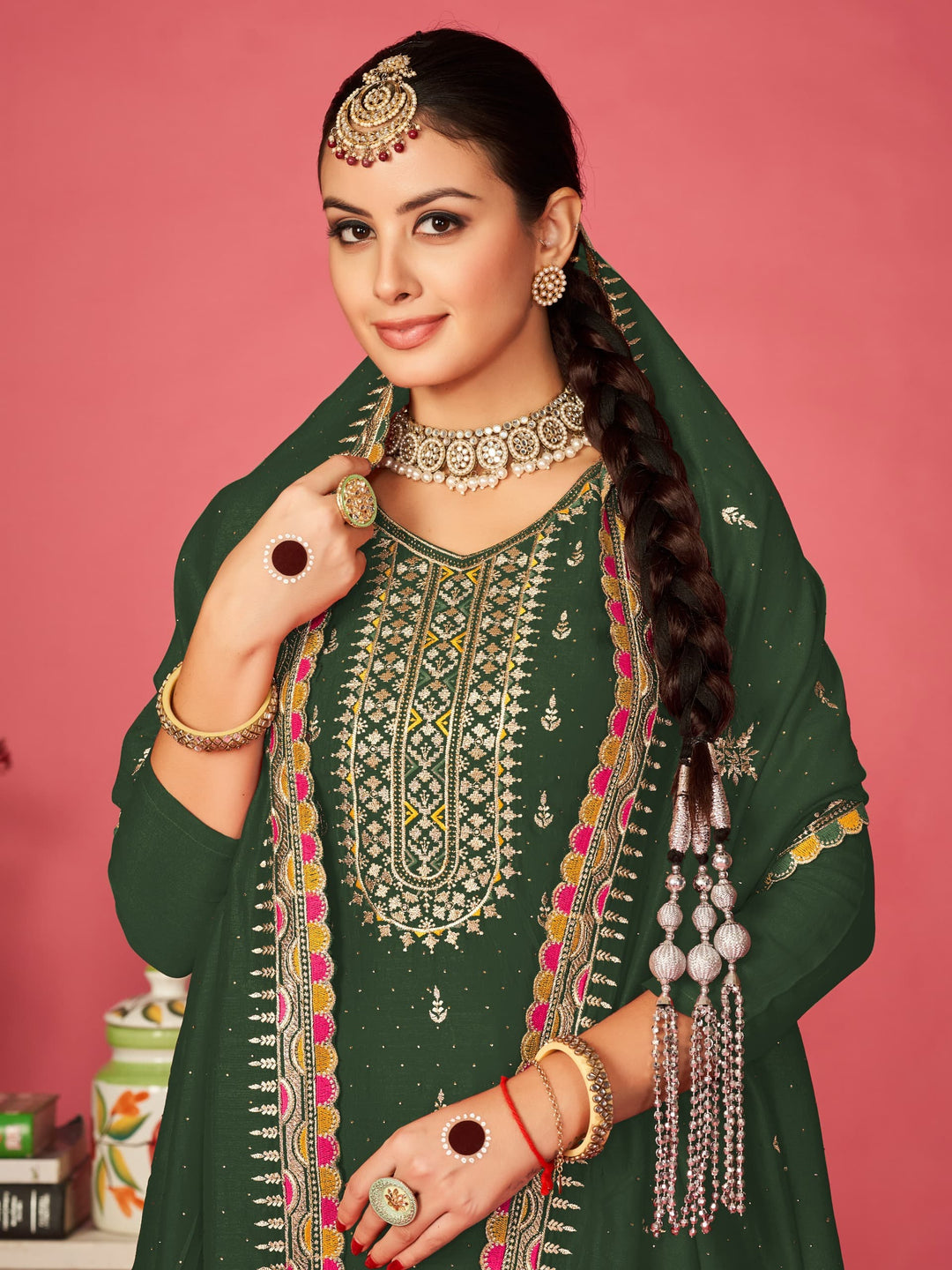 Designer Chanderi Silk Kurti Set | Embroidery & Nazmin Dupatta