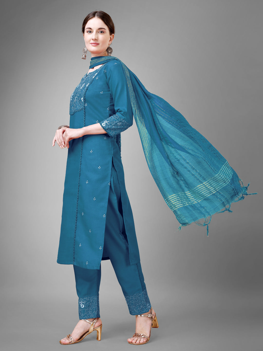 Stylish Cotton Blend | Silk Blend Embroidered Top, Bottom & Dupatta Set