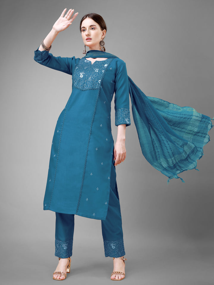 Stylish Cotton Blend | Silk Blend Embroidered Top, Bottom & Dupatta Set