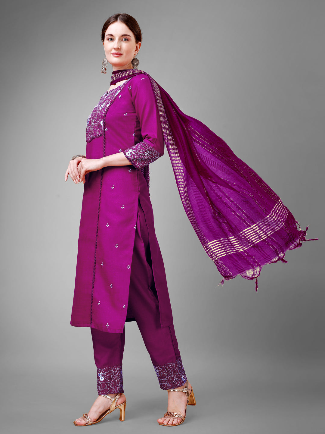 Stylish Cotton Blend | Silk Blend Embroidered Top, Bottom & Dupatta Set