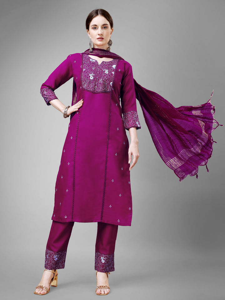 Stylish Cotton Blend | Silk Blend Embroidered Top, Bottom & Dupatta Set