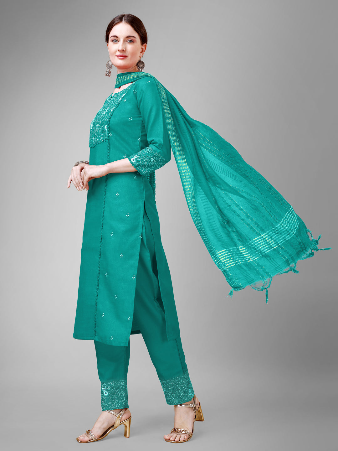 Stylish Cotton Blend | Silk Blend Embroidered Top, Bottom & Dupatta Set