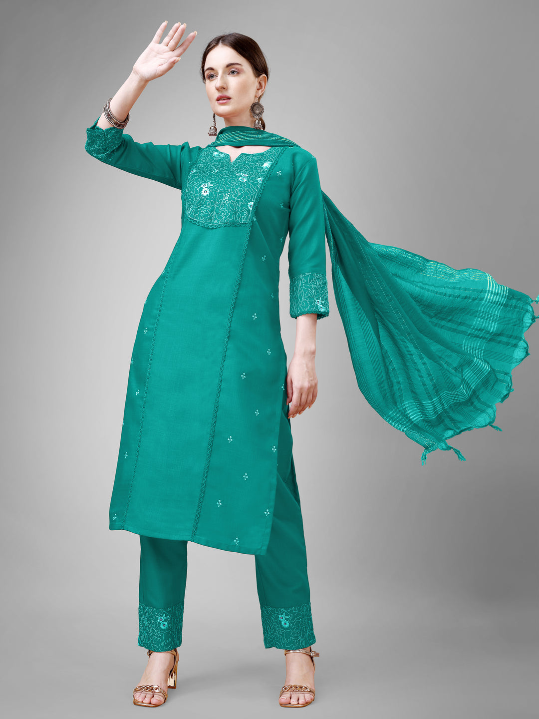 Stylish Cotton Blend | Silk Blend Embroidered Top, Bottom & Dupatta Set