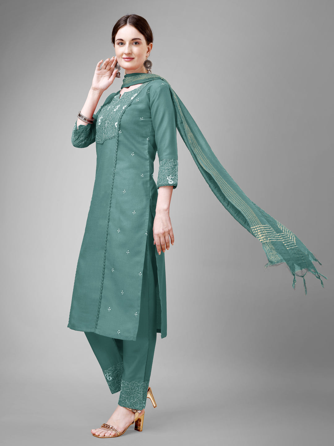 Stylish Cotton Blend | Silk Blend Embroidered Top, Bottom & Dupatta Set