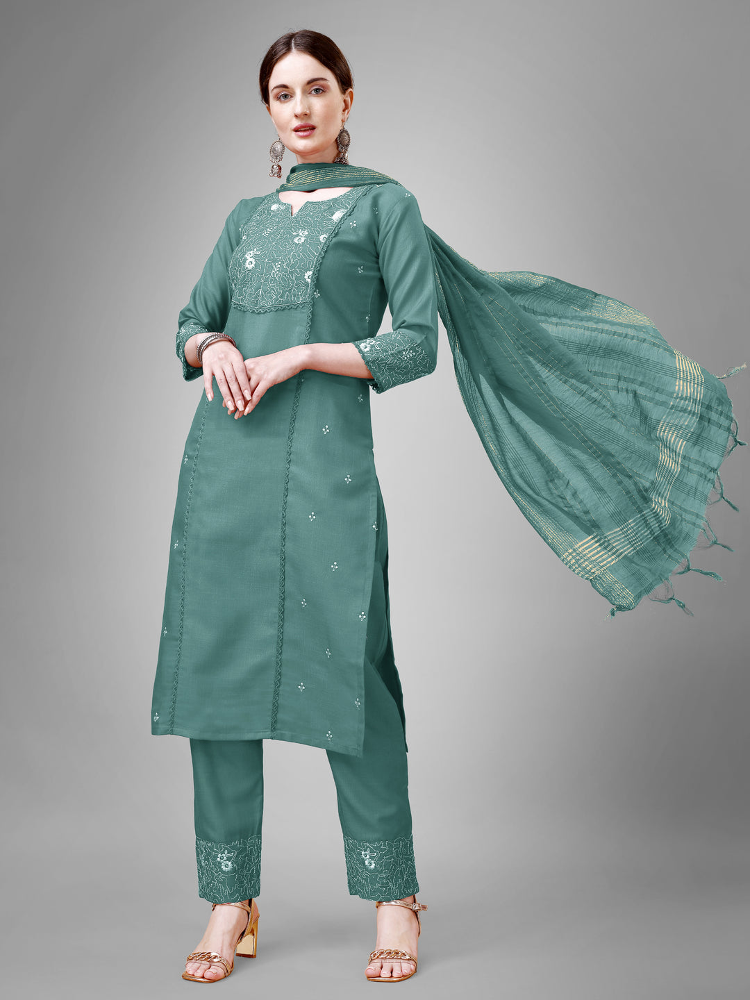 Stylish Cotton Blend | Silk Blend Embroidered Top, Bottom & Dupatta Set