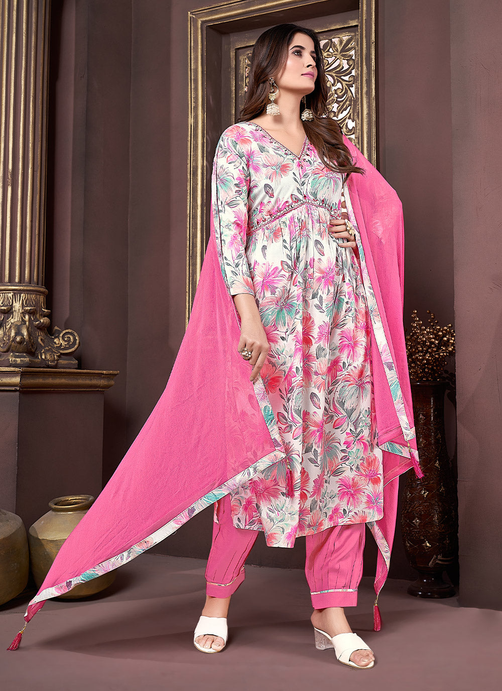 Designer Readymade Suit Set | Rayon & Nazmin Dupatta, Printed Hand Work