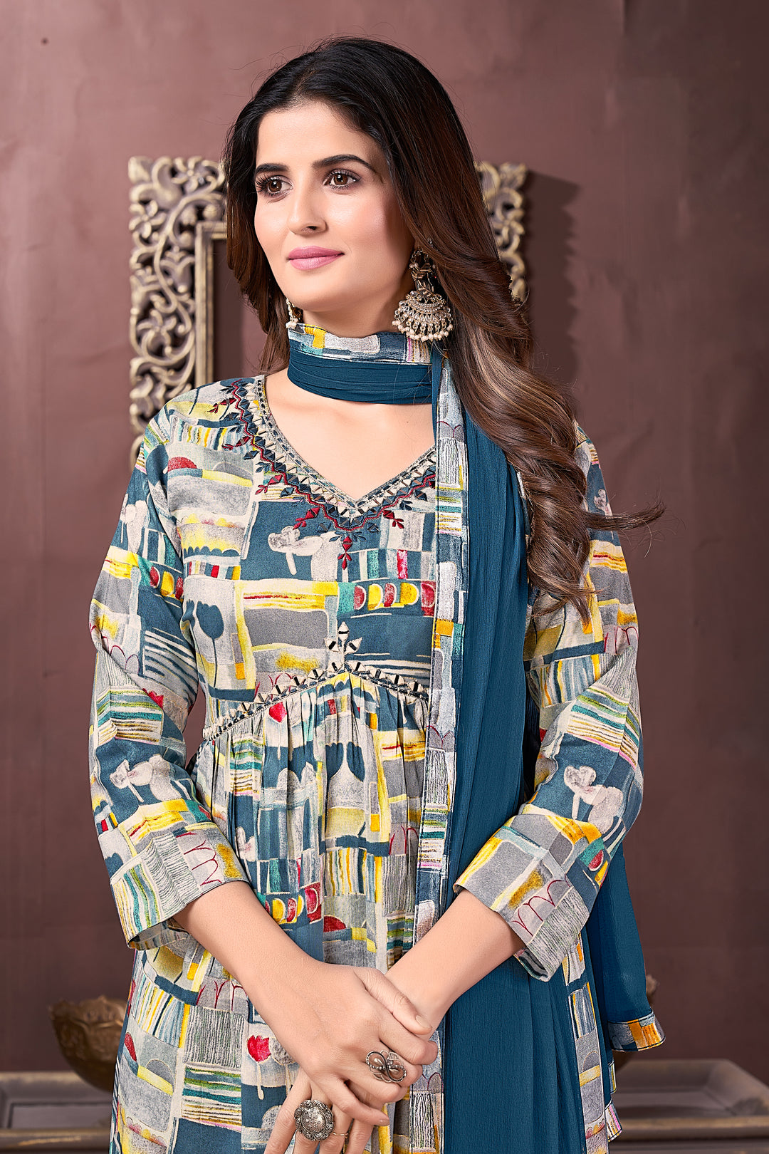 Attractive Ready-made Suits Set | Designer Printed Rayon with Nazmin Dupatta