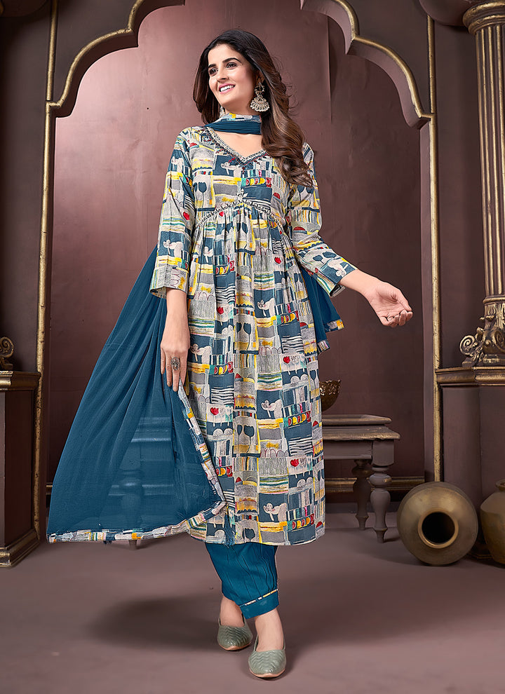 Attractive Ready-made Suits Set | Designer Printed Rayon with Nazmin Dupatta