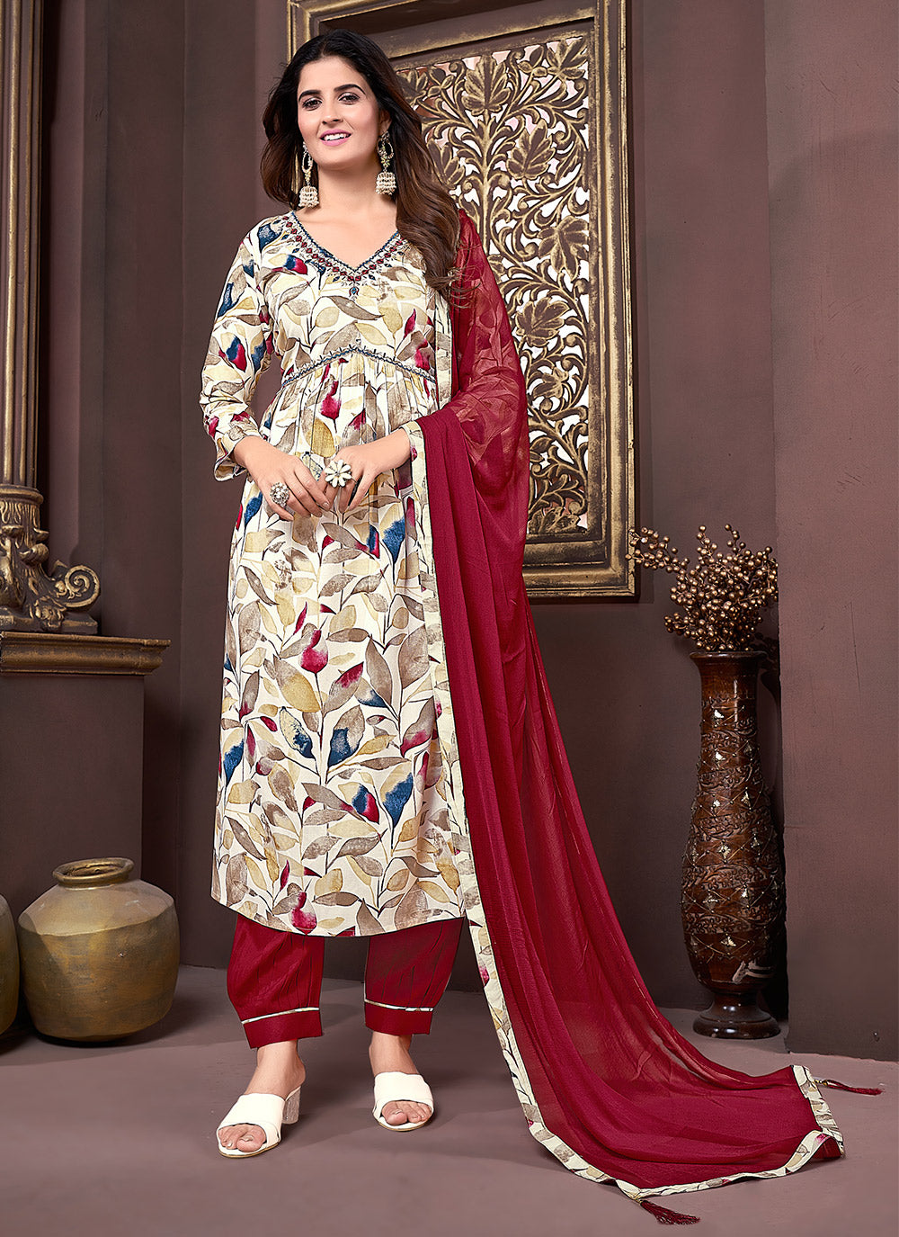 Designer Printed | Rayon Maroon Suit Set with Nazmin Dupatta & Hand Work