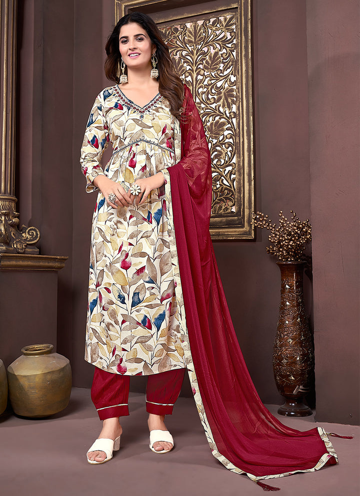 Designer Printed | Rayon Maroon Suit Set with Nazmin Dupatta & Hand Work