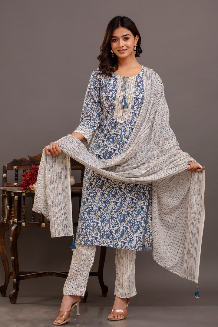 Elegant Rayon Cotton Suit Set | Printed & Embroidered Design