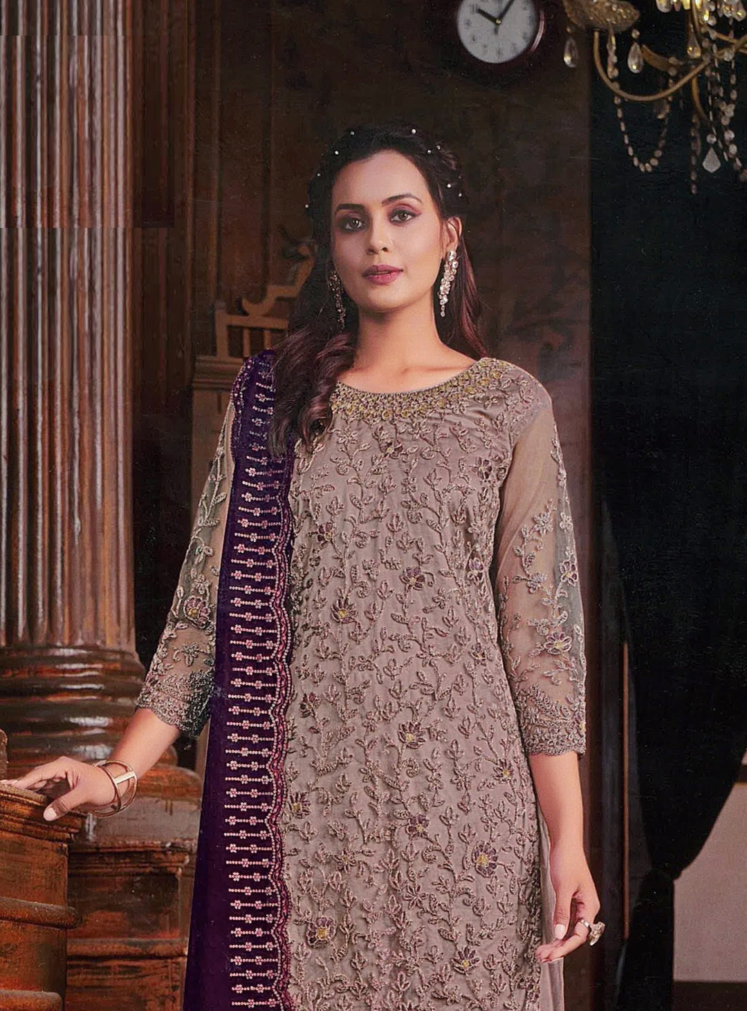 Designer Mauve Plazzo Suit | Embroidered Net Top with Georgette Dupatta