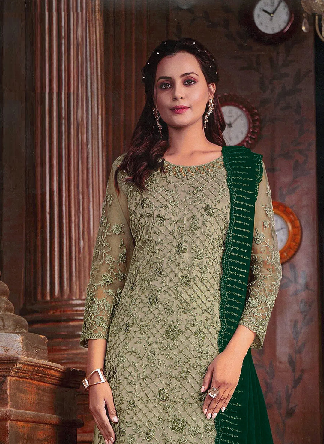 Party Wear Green Plazzo Suit | Round Neck with Calf-Length Design