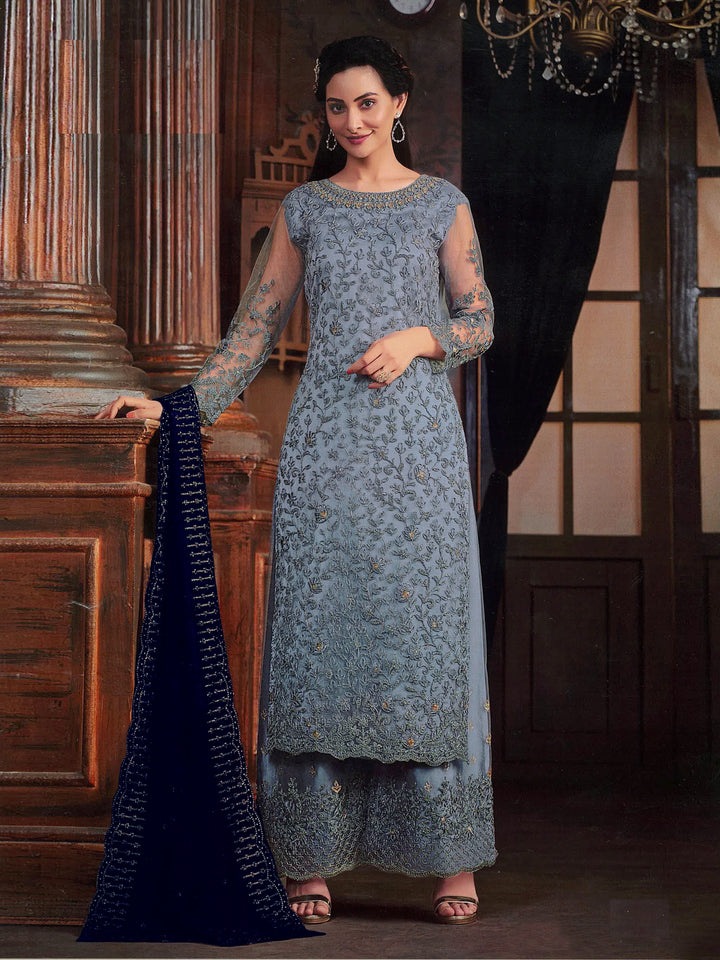 Party Wear Grey Plazzo Suit | Satin Comfort with Stylish Embroidery