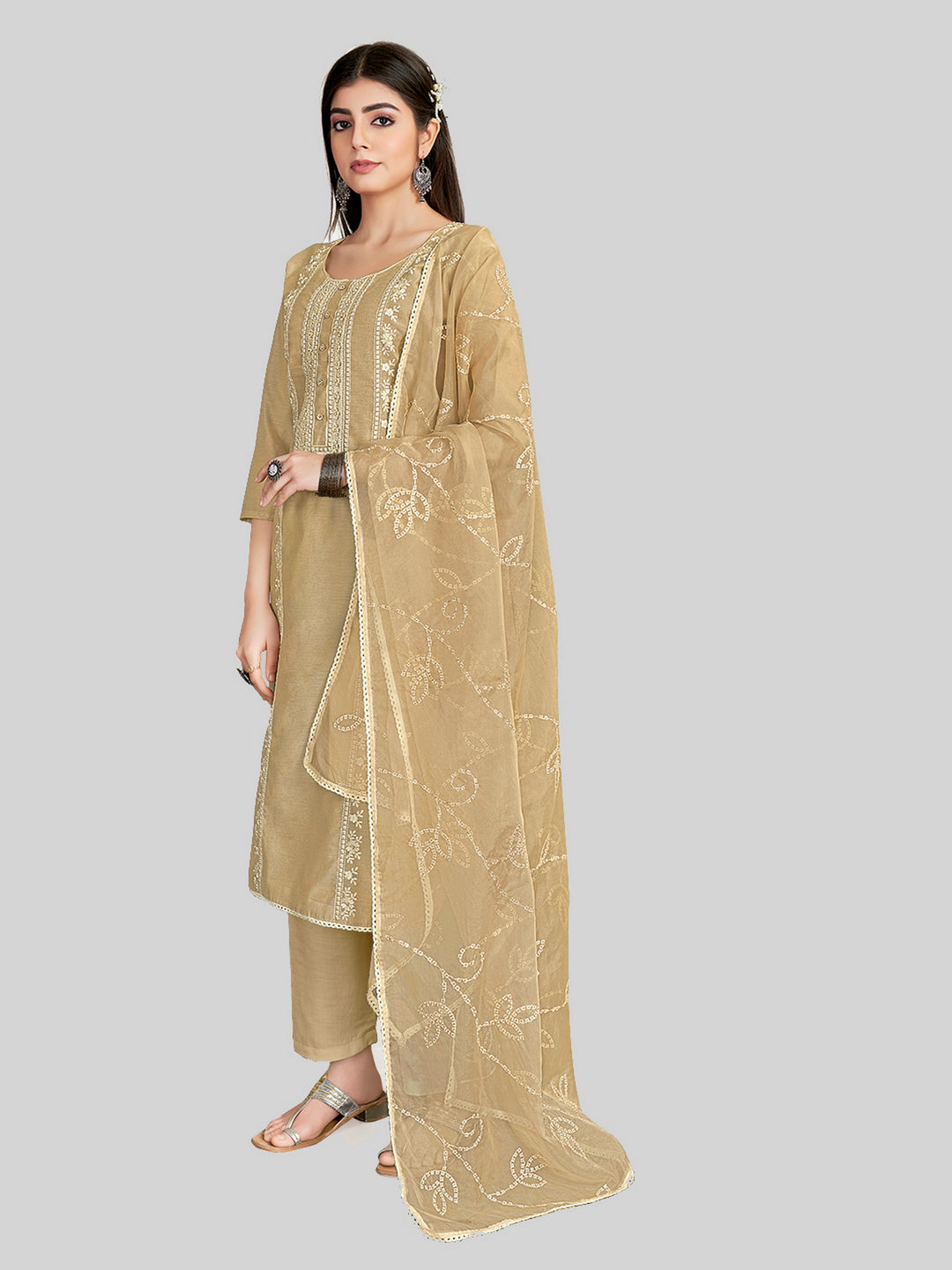 Stylish Embroidered Kurti Set | Round Neck & Organza Dupatta Office Wear