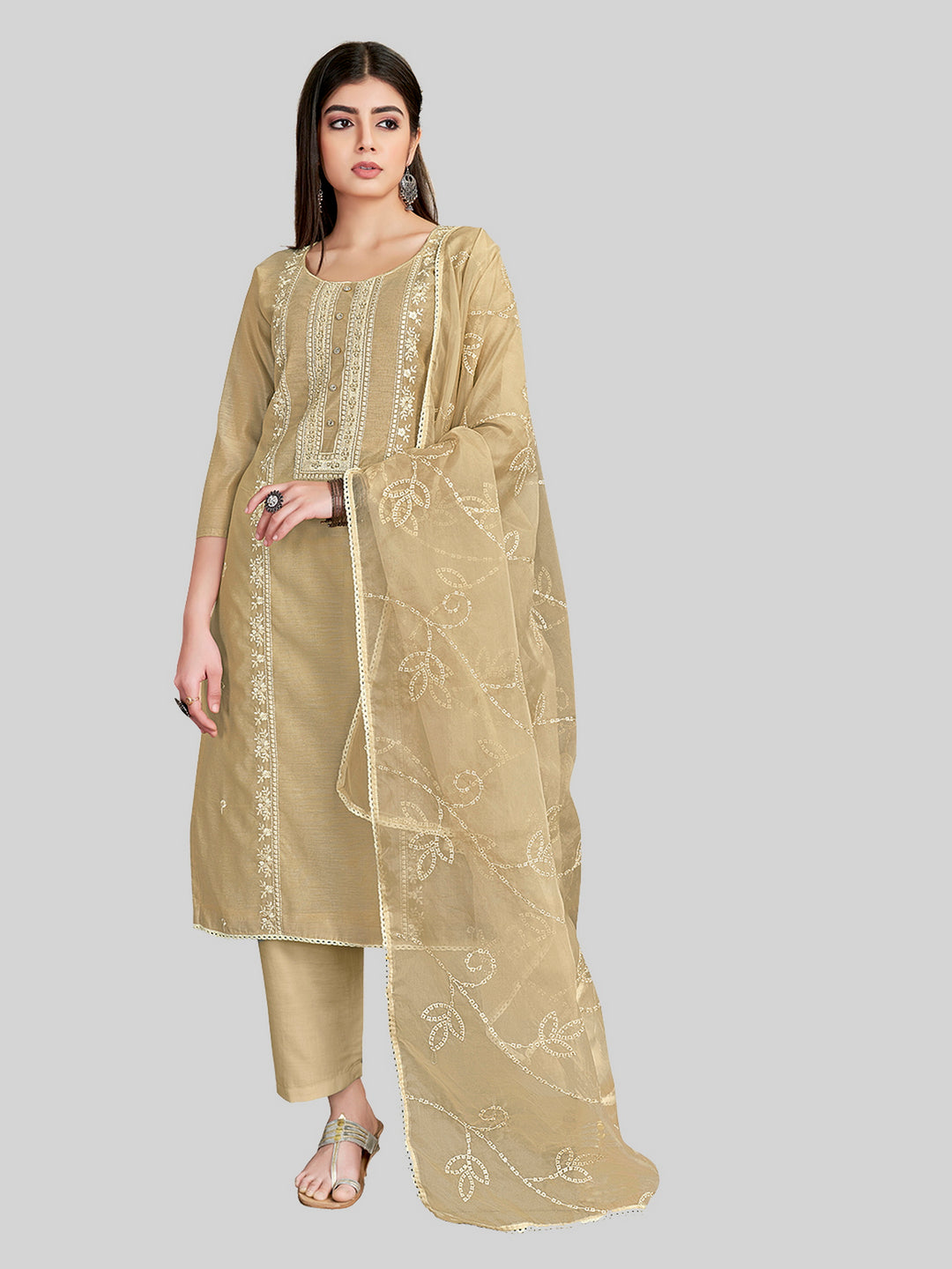 Stylish Embroidered Kurti Set | Round Neck & Organza Dupatta Office Wear