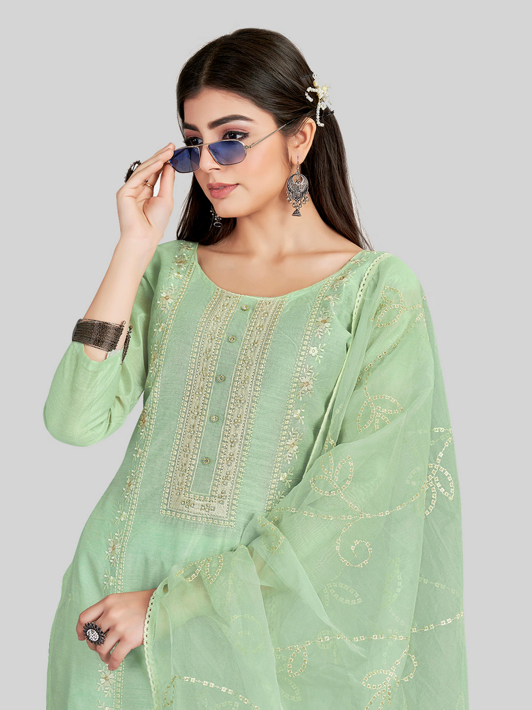 Stylish Embroidered Kurti Set | Round Neck & Organza Dupatta Office Wear