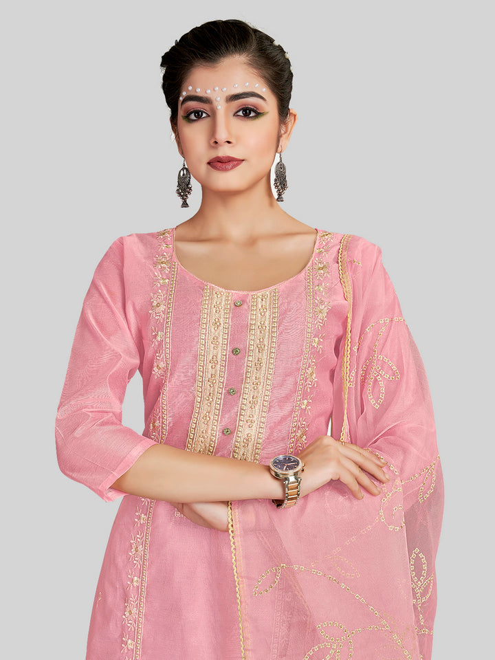 Stylish Embroidered Kurti Set | Round Neck & Organza Dupatta Office Wear